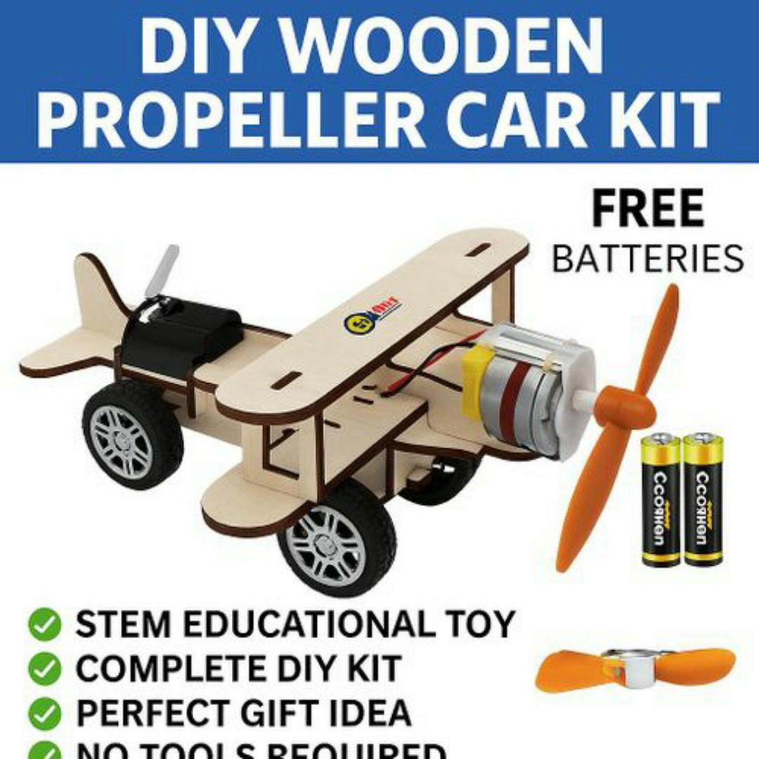 DIY Wooden Propeller Car Kit – STEM Educational Toy with Free Batteries - Kids Science Project & Gift Toys Idea