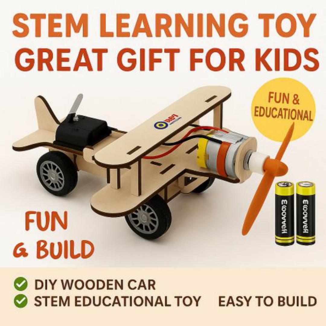 DIY Wooden Propeller Car Kit – STEM Educational Toy with Free Batteries - Kids Science Project & Gift Toys Idea