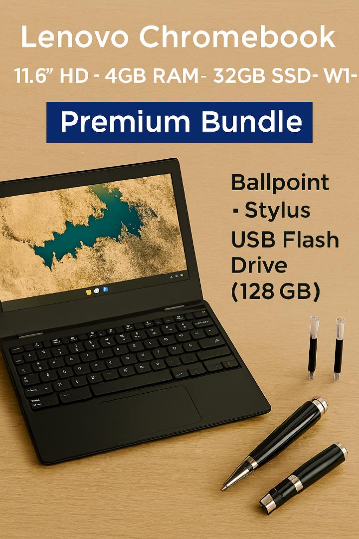Lenovo Chromebook 11.6" HD + 4-in-1 Multifunctional Pen (128GB USB) – Refurbished Student Laptop & Smart Writing Tool Bundle - Fast, Secure & Ready to Work