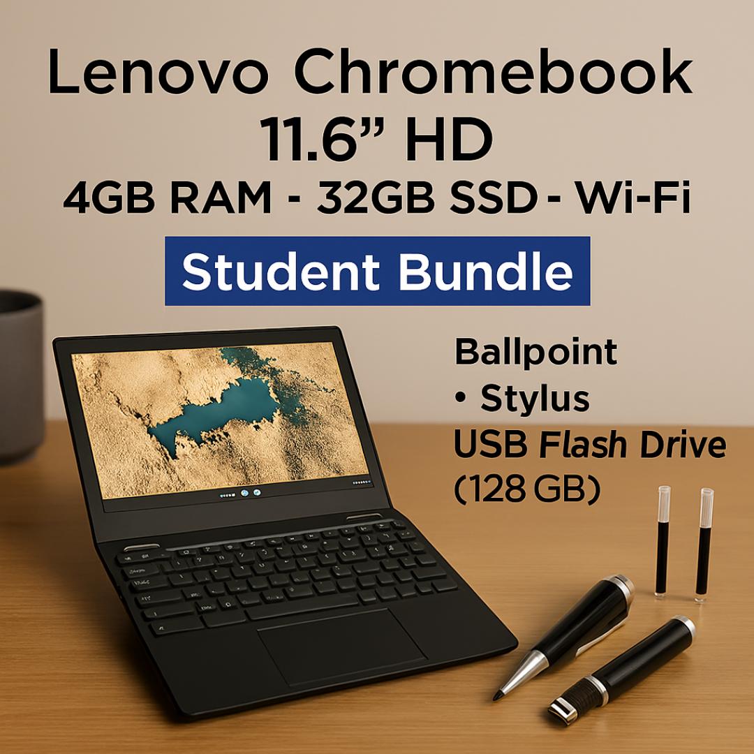 Lenovo Chromebook 11.6" HD + 4-in-1 Multifunctional Pen (128GB USB) – Refurbished Student Laptop & Smart Writing Tool Bundle - Fast, Secure & Ready to Work