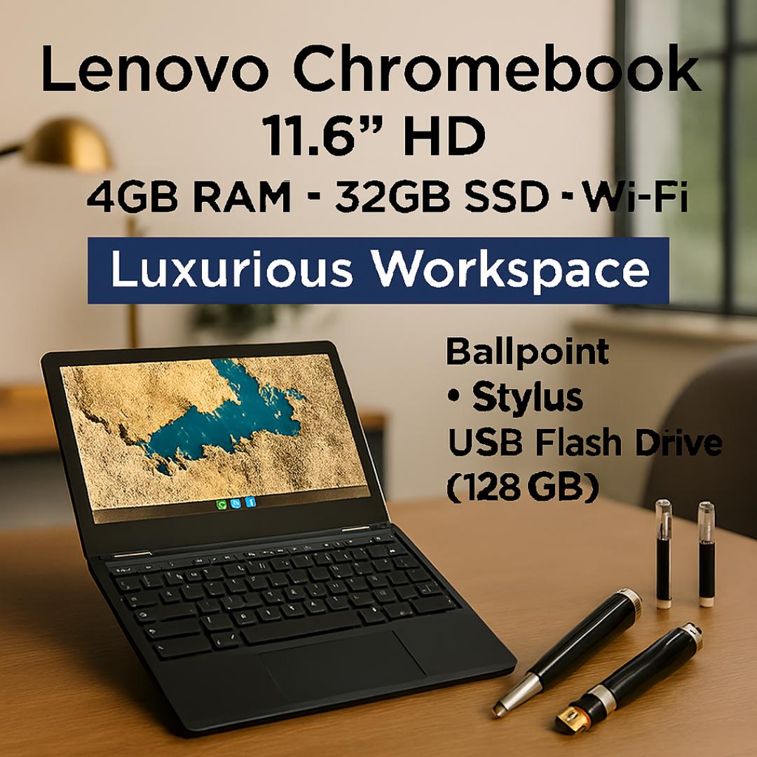 Lenovo Chromebook 11.6" HD + 4-in-1 Multifunctional Pen (128GB USB) – Refurbished Student Laptop & Smart Writing Tool Bundle - Fast, Secure & Ready to Work