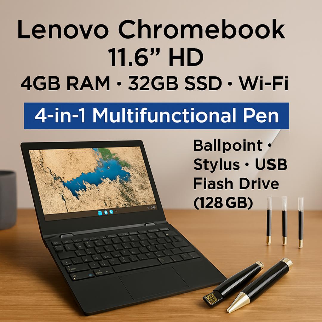 Lenovo Chromebook 11.6" HD + 4-in-1 Multifunctional Pen (128GB USB) – Refurbished Student Laptop & Smart Writing Tool Bundle - Fast, Secure & Ready to Work