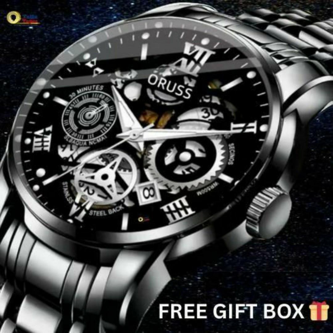 ORUSS Luxury Watch For Men – Men’s Automatic Mechanical Wrist Quartz Watch with Black Dial – FREE Elegant Gift Box & Bracelet Adjustment Tool