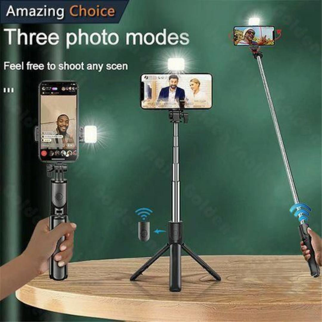 3-in-1 Selfie Stick Phone Camera Tripod Stand with Bluetooth Remote & Ring Light - 360° Rotating Phone Holder - Lightweight, Foldable & Durable – Ideal for Travel, Vlogging & Live Streaming