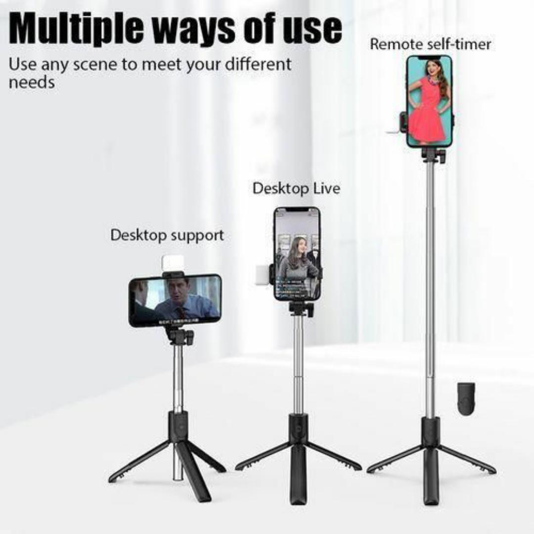 3-in-1 Selfie Stick Phone Camera Tripod Stand with Bluetooth Remote & Ring Light - 360° Rotating Phone Holder - Lightweight, Foldable & Durable – Ideal for Travel, Vlogging & Live Streaming