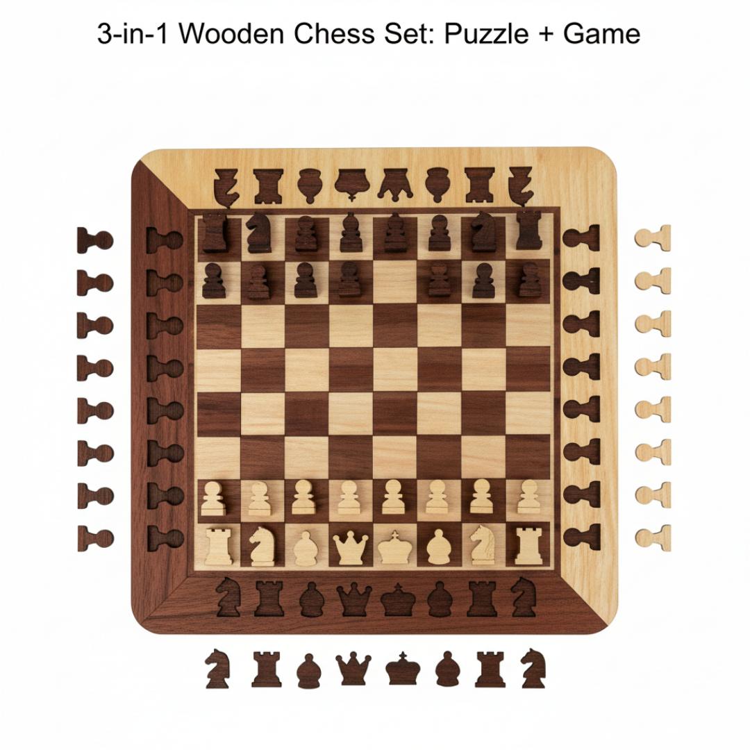 3-in-1 Wooden Board Chess Set Puzzle Game | Classic Board Game for Adults & Kids | Educational & Portable Travel Chess/Checker Board