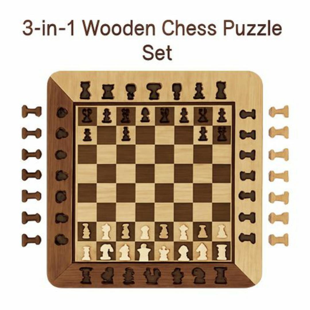 3-in-1 Wooden Chess Set Puzzle Game - Classic Board Game for Adults & Kids - Educational & Portable Travel Chess Checker Board