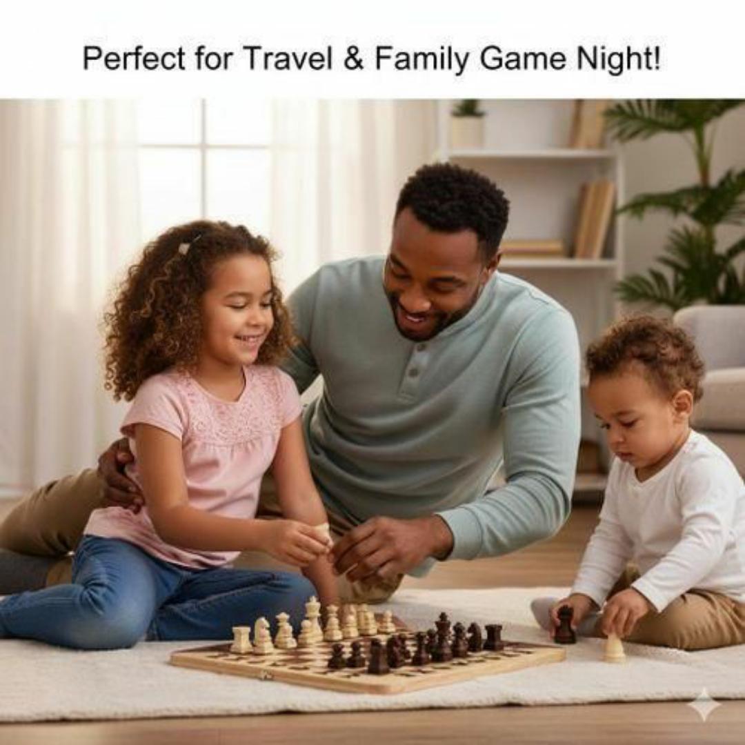 3-in-1 Wooden Chess Set Puzzle Game - Classic Board Game for Adults & Kids - Educational & Portable Travel Chess Checker Board