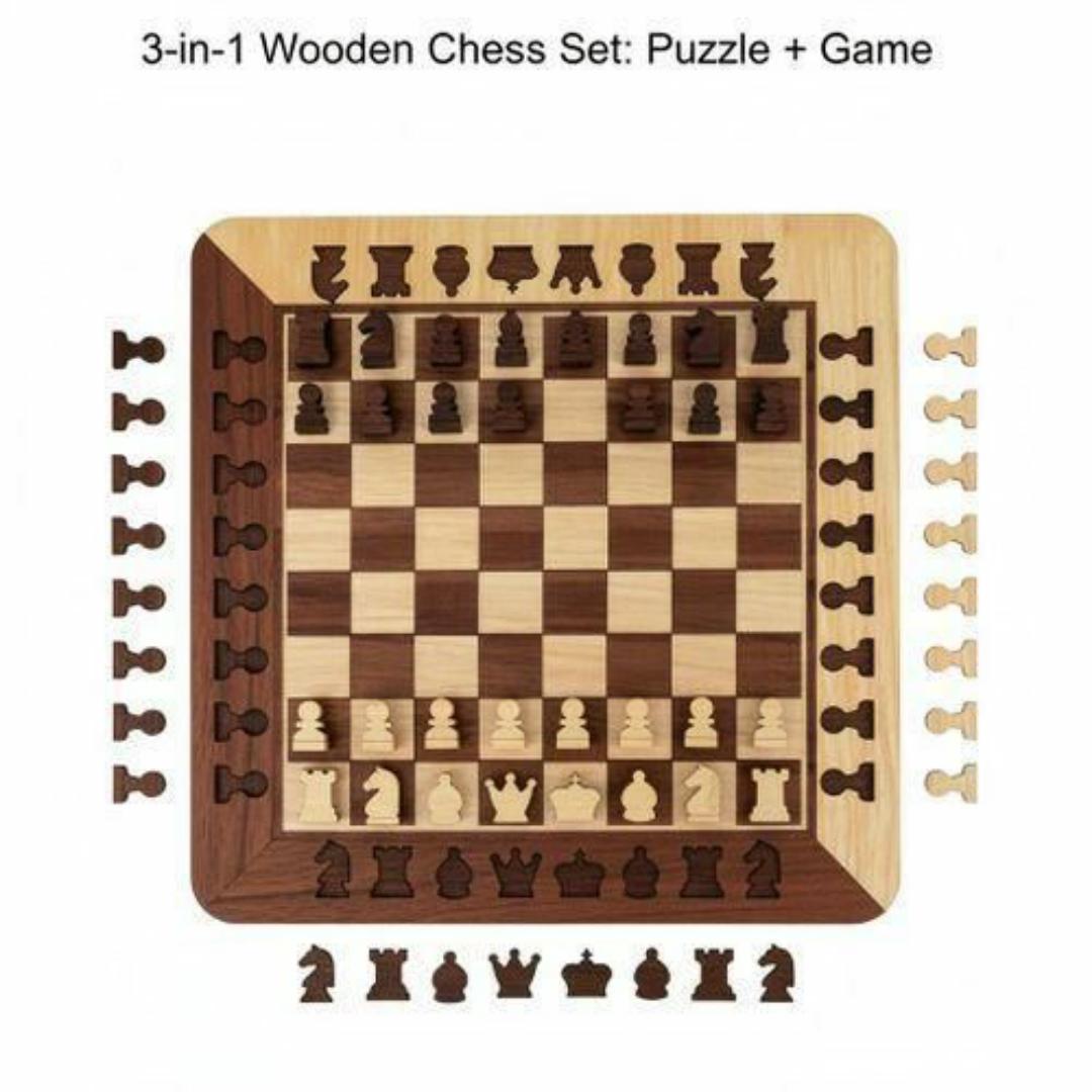 3-in-1 Wooden Chess Set Puzzle Game - Classic Board Game for Adults & Kids - Educational & Portable Travel Chess Checker Board