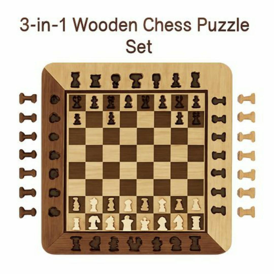 3-in-1 Wooden Chess Set Puzzle Game - Classic Board Game for Adults & Kids - Educational & Portable Travel Chess Checker Board