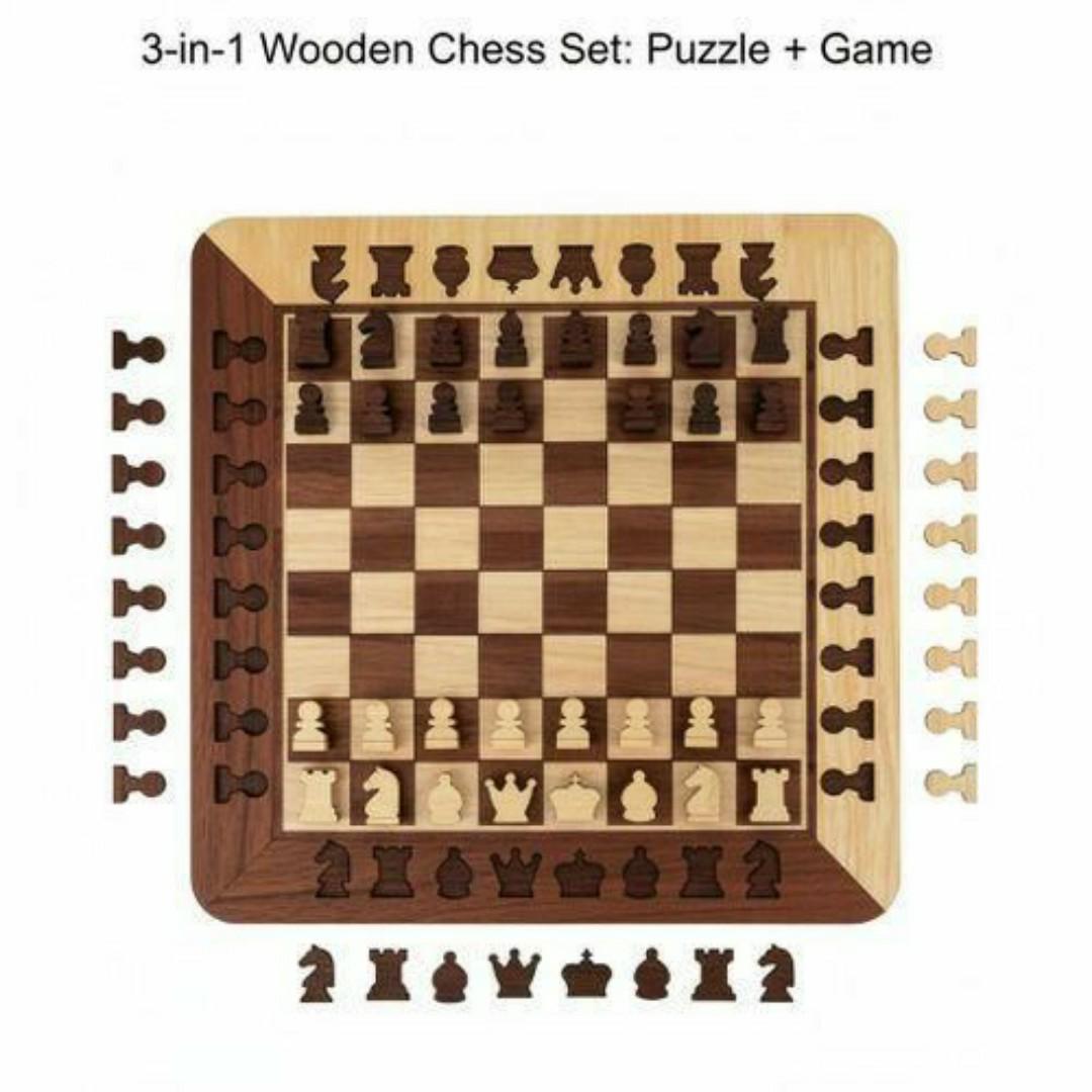 3-in-1 Wooden Chess Set Puzzle Game - Classic Board Game for Adults & Kids - Educational & Portable Travel Chess Checker Board