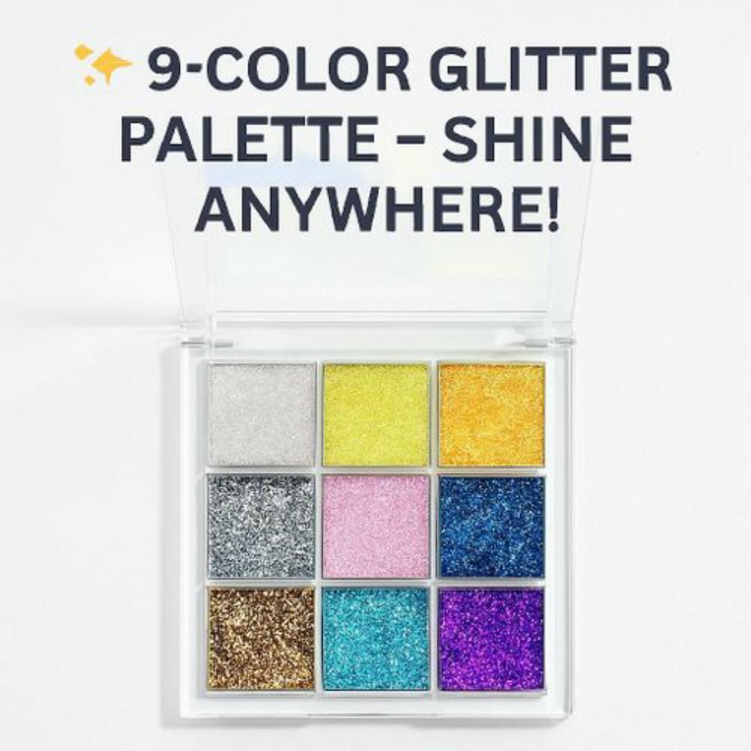 9-Color Glitter Eyeshadow Palette – Long-Lasting Shimmer Makeup for Face, Eyes, Hands & Lips - Professional & Party-Ready Sparkle Kit