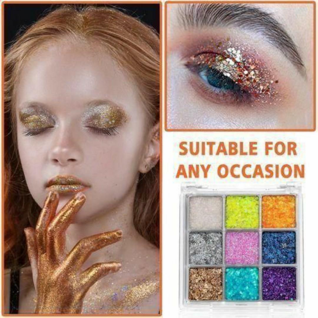 9-Color Glitter Eyeshadow Palette – Long-Lasting Shimmer Makeup for Face, Eyes, Hands & Lips - Professional & Party-Ready Sparkle Kit