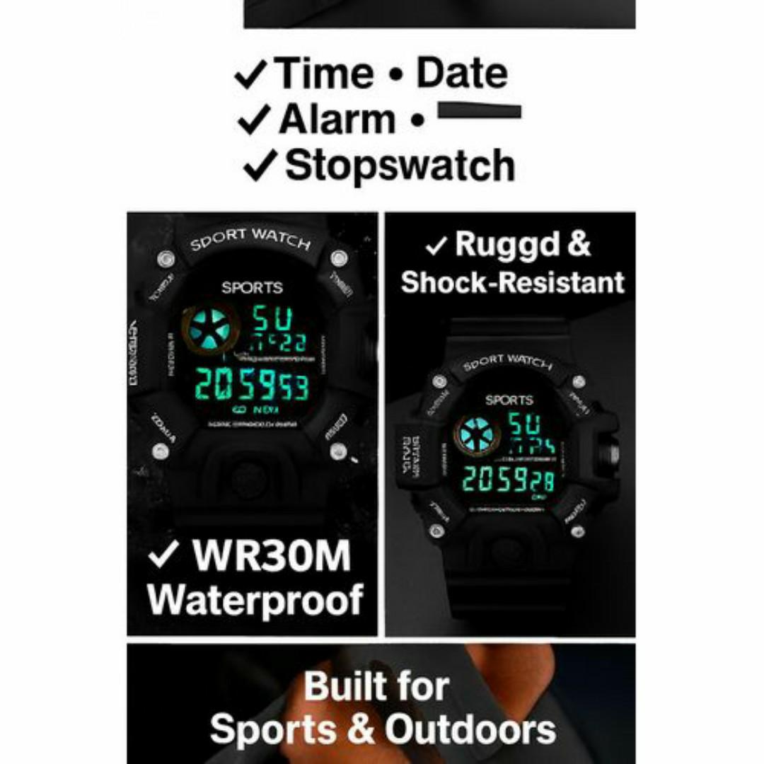 Digital Sports Watch for Men – Waterproof WR30M, Triple Sensor, LED Backlight, Alarm & Stopwatch – Rugged Outdoor Tactical Wristwatch