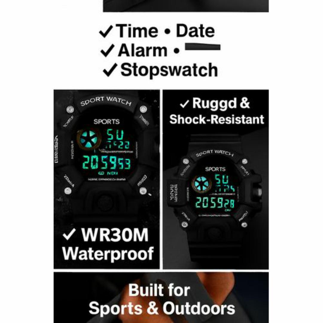 Digital Sports Watch for Men – Waterproof WR30M, Triple Sensor, LED Backlight, Alarm & Stopwatch – Rugged Outdoor Tactical Wristwatch