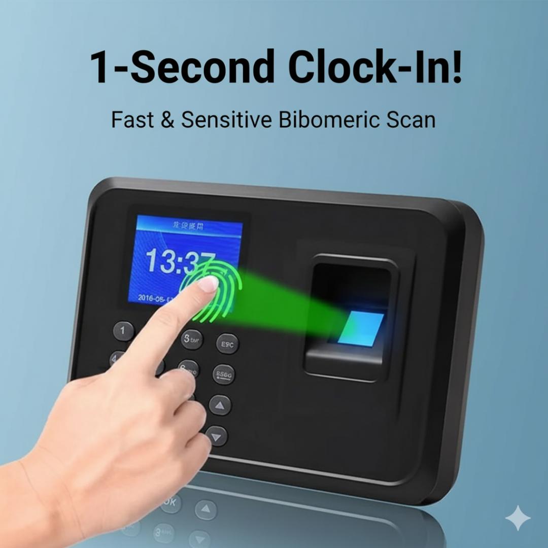 AI Powered Fingerprint Time Attendance Machine - Biometric Employee Time Clock Recorder System - USB Offline Report & 1-Second Speed - Multi-Language Support for Office, School, Business