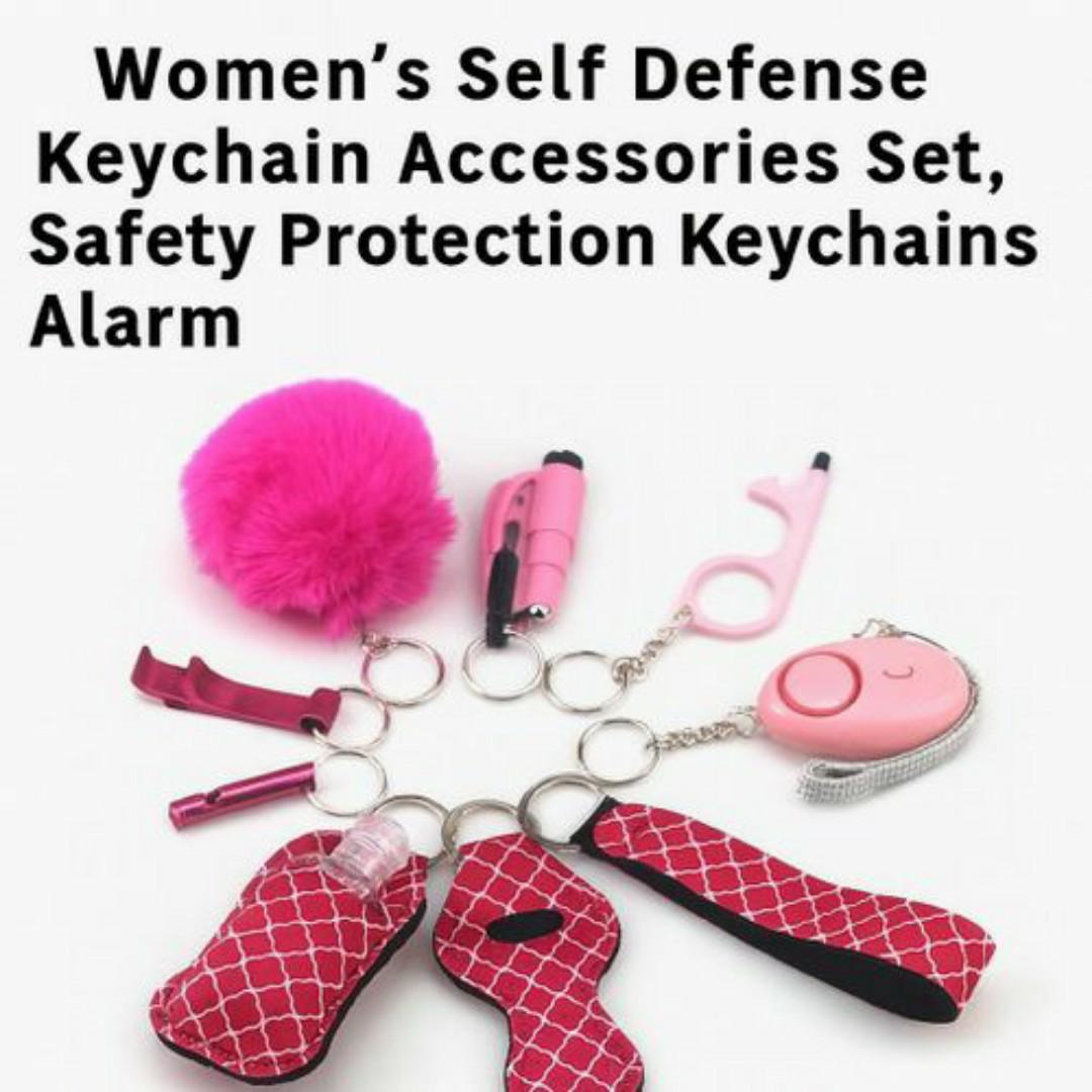 9-in-1 Self-Defense Safety Keychain Set – Keyring Knife, Spray, Alarm, Kubotan, Pom-Pom, Sanitizer Holder & More