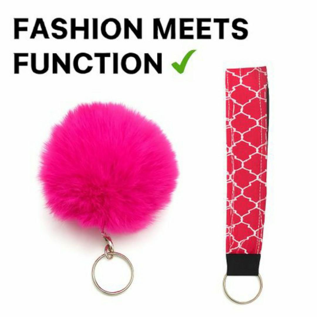 9-in-1 Pink Self-Defense Safety Keychain Set – Pepper Spray, Alarm, Kubotan, Pom-Pom, Sanitizer Holder & More