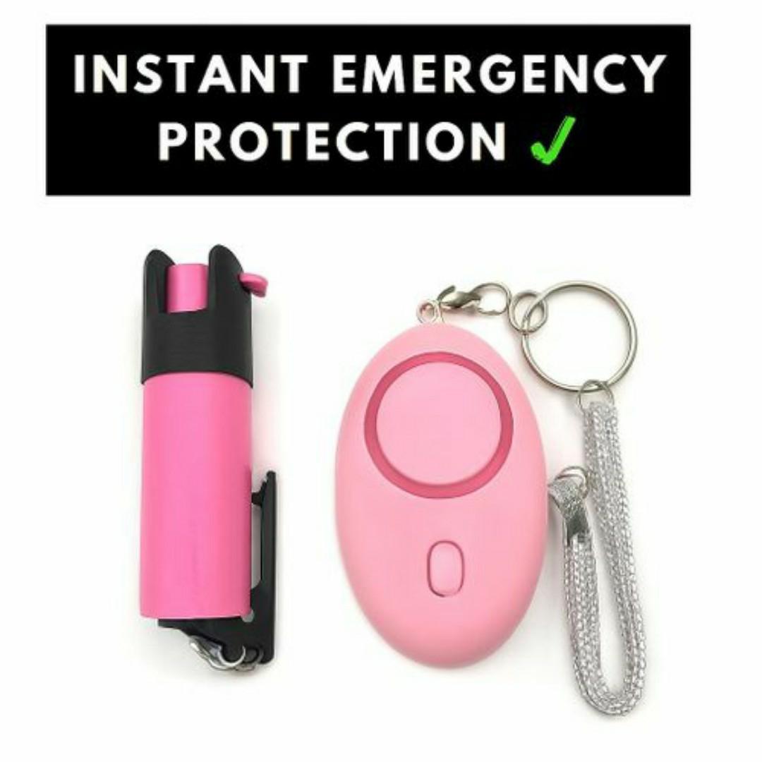 9-in-1 Pink Self-Defense Safety Keychain Set – Pepper Spray, Alarm, Kubotan, Pom-Pom, Sanitizer Holder & More