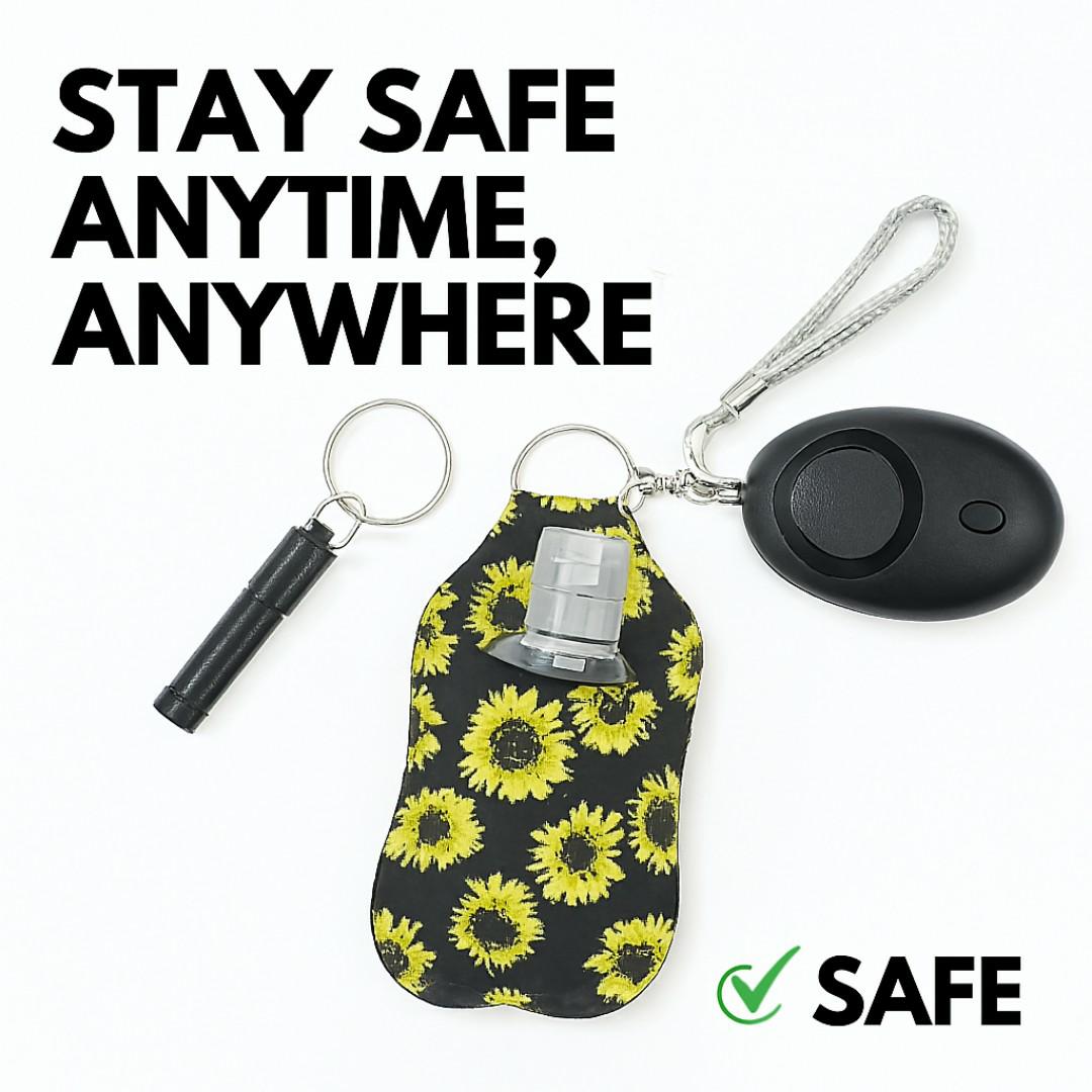 9-in-1 Pink Self Defence Safety Keychain Set – Pepper Spray, Alarm, Kubotan, Pom-Pom, Sanitizer Holder, Whistle, Sanitizer Holder & Wristlet Strap - Personal Défense Bodyguard Kit For Men & Women