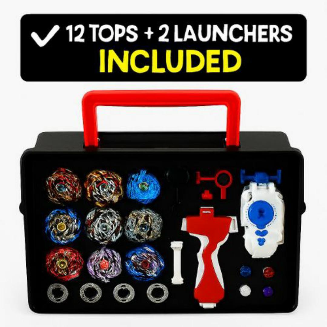 Beyblade Burst Rapidity Battle Set – 12 Metal Fusion Tops + Launchers, Carry Case & Accessories – Kids Spinning Top Game Collection