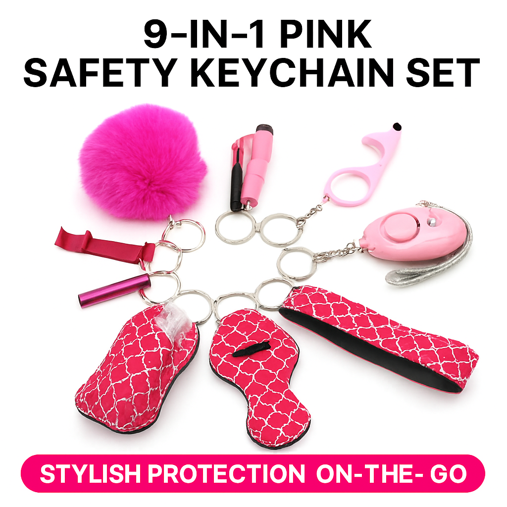 9-in-1 Pink Self Defence Safety Keychain Set – Pepper Spray, Alarm, Kubotan, Pom-Pom, Sanitizer Holder, Whistle, Sanitizer Holder & Wristlet Strap - Personal Défense Bodyguard Kit For Men & Women