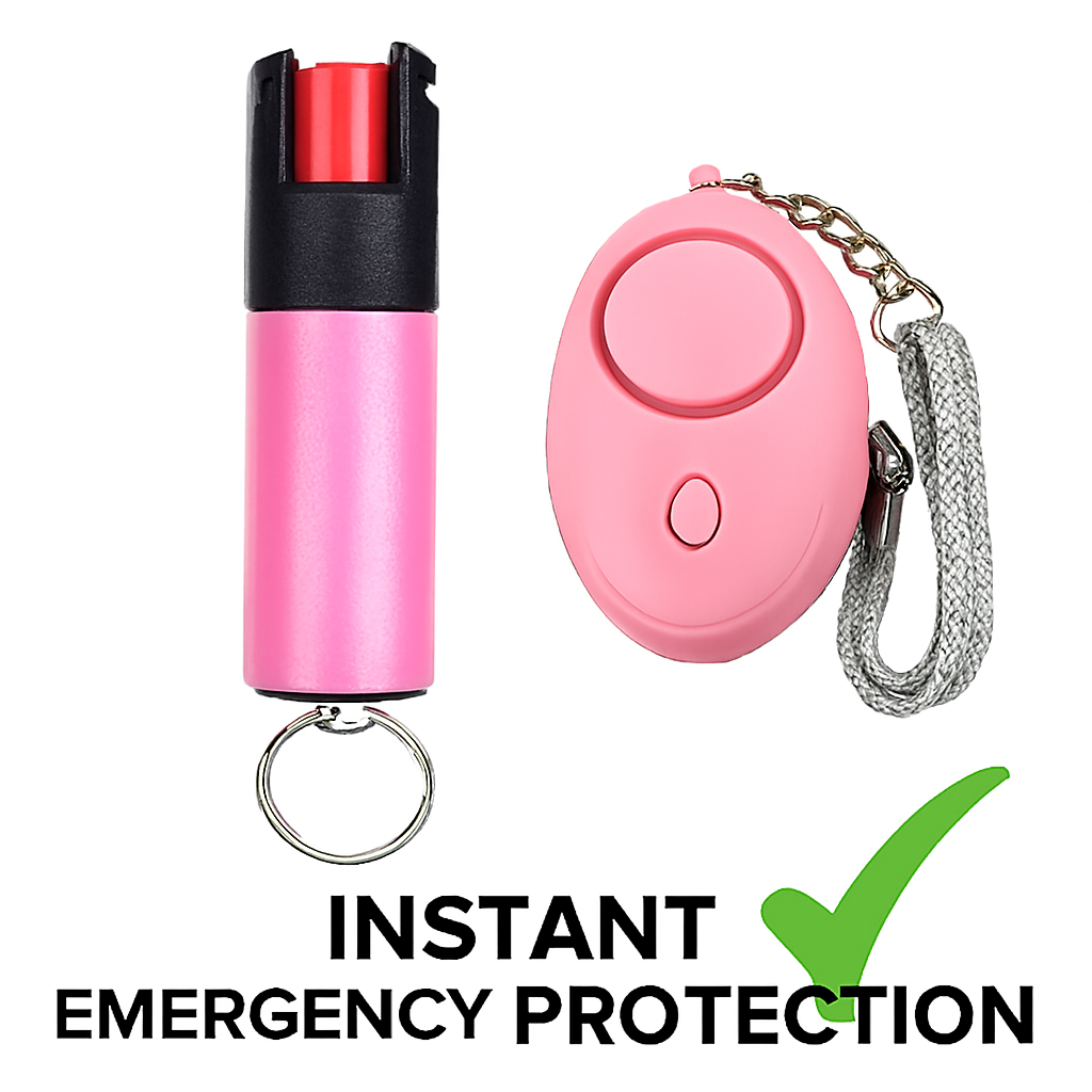 9-in-1 Pink Self Defence Safety Keychain Set – Pepper Spray, Alarm, Kubotan, Pom-Pom, Sanitizer Holder, Whistle, Sanitizer Holder & Wristlet Strap - Personal Défense Bodyguard Kit For Men & Women