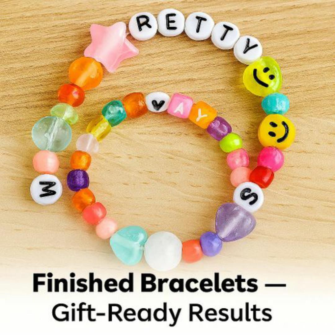 Kids Bead Craft Kit - 720+ Colourful Beads (Hearts, Stars, Smiles, Alphabet) + Crystal Tec Thread, Clasps & Tools - DIY Bracelet Necklace Jewellery Maker for Children & Hobbyists