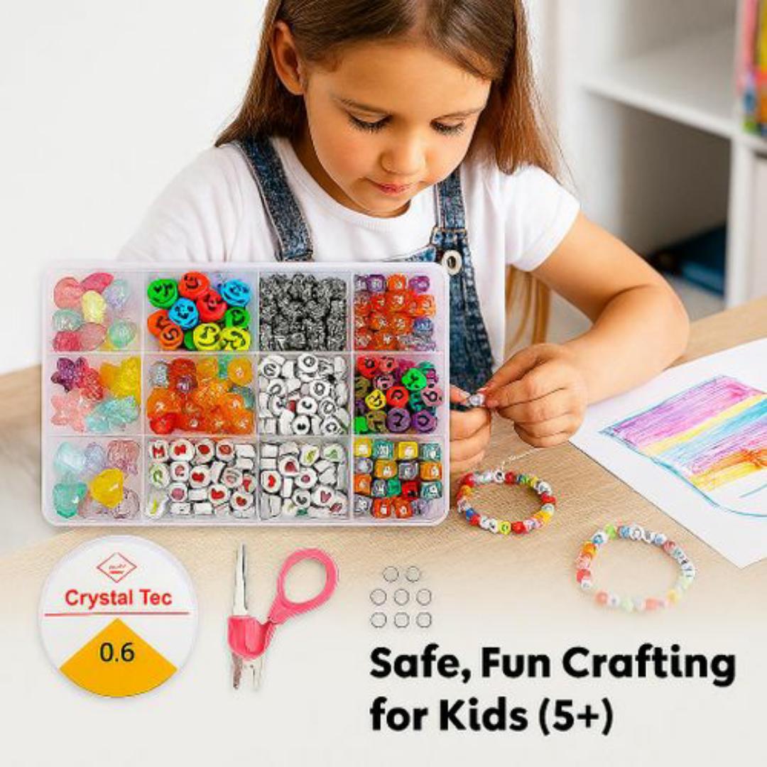 Kids Bead Craft Kit - 720+ Colourful Beads (Hearts, Stars, Smiles, Alphabet) + Crystal Tec Thread, Clasps & Tools - DIY Bracelet Necklace Jewellery Maker for Children & Hobbyists