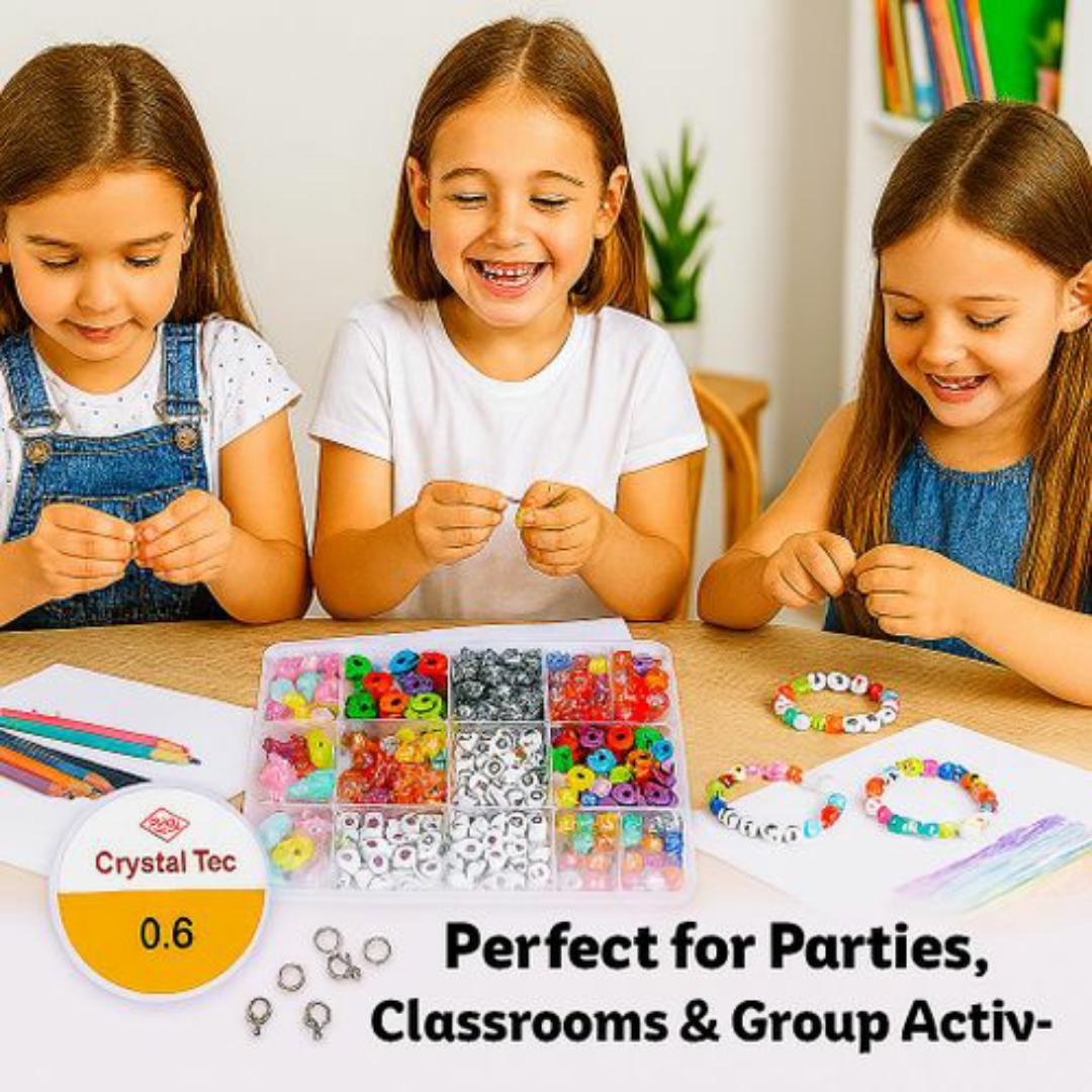 Kids Bead Craft Kit - 720+ Colourful Beads (Hearts, Stars, Smiles, Alphabet) + Crystal Tec Thread, Clasps & Tools - DIY Bracelet Necklace Jewellery Maker for Children & Hobbyists