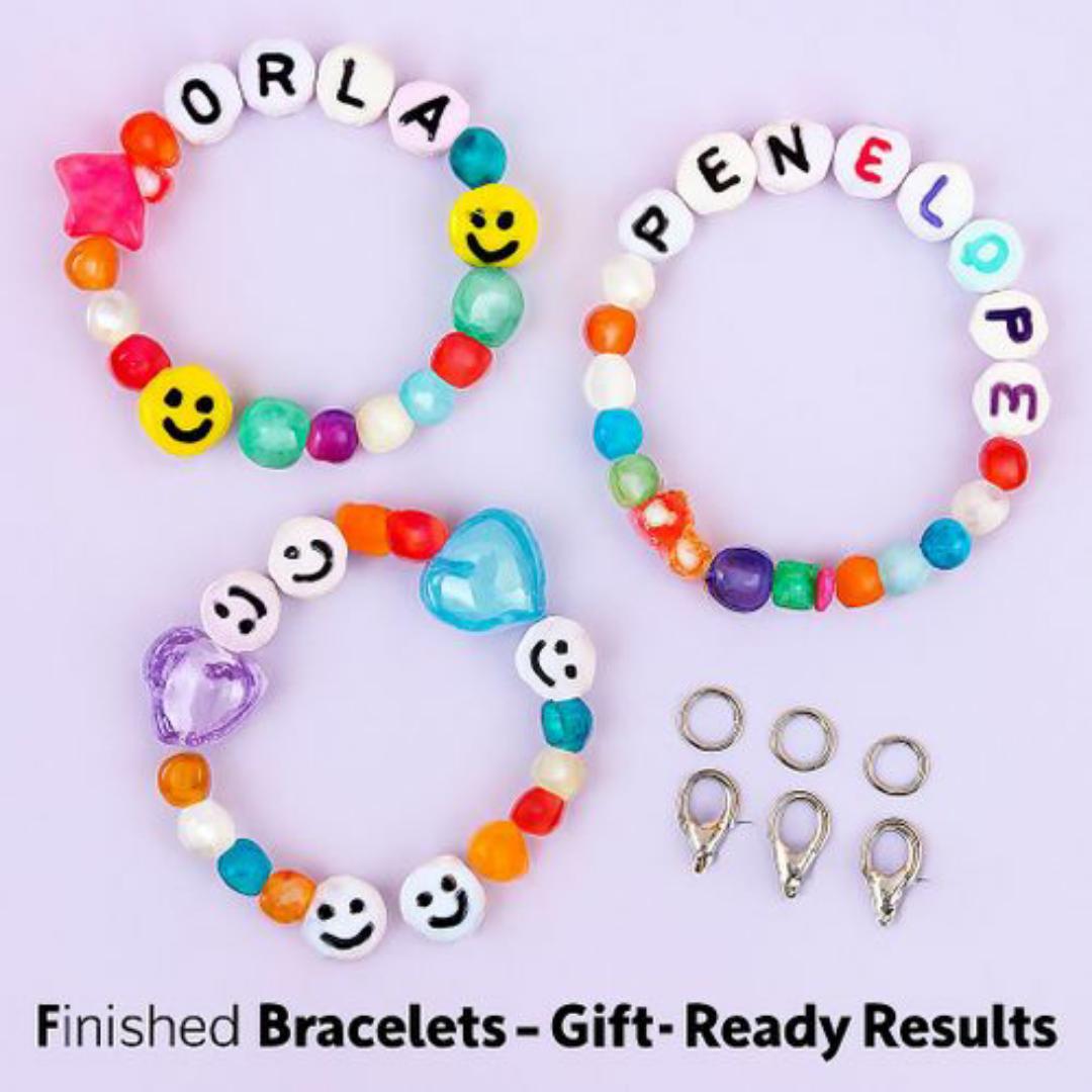 Kids Bead Craft Kit - 720+ Colourful Beads (Hearts, Stars, Smiles, Alphabet) + Crystal Tec Thread, Clasps & Tools - DIY Bracelet Necklace Jewellery Maker for Children & Hobbyists
