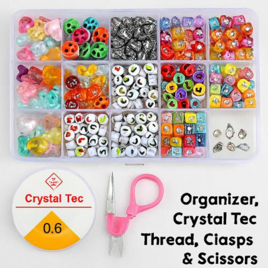 Kids Bead Craft Kit - 720+ Colourful Beads (Hearts, Stars, Smiles, Alphabet) + Crystal Tec Thread, Clasps & Tools - DIY Bracelet Necklace Jewellery Maker for Children & Hobbyists