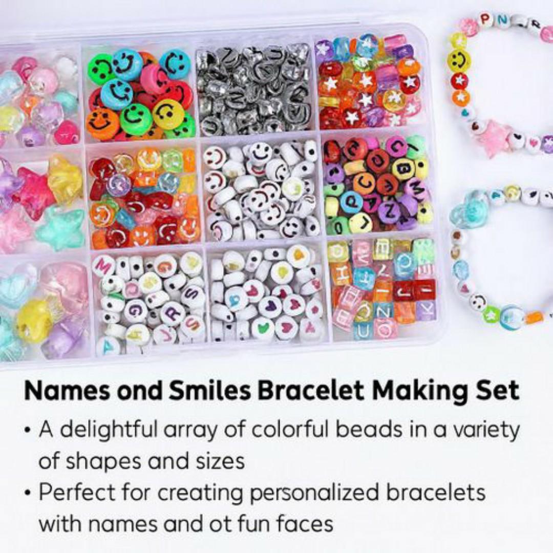 Kids Bead Craft Kit - 720+ Colourful Beads (Hearts, Stars, Smiles, Alphabet) + Crystal Tec Thread, Clasps & Tools - DIY Bracelet Necklace Jewellery Maker for Children & Hobbyists