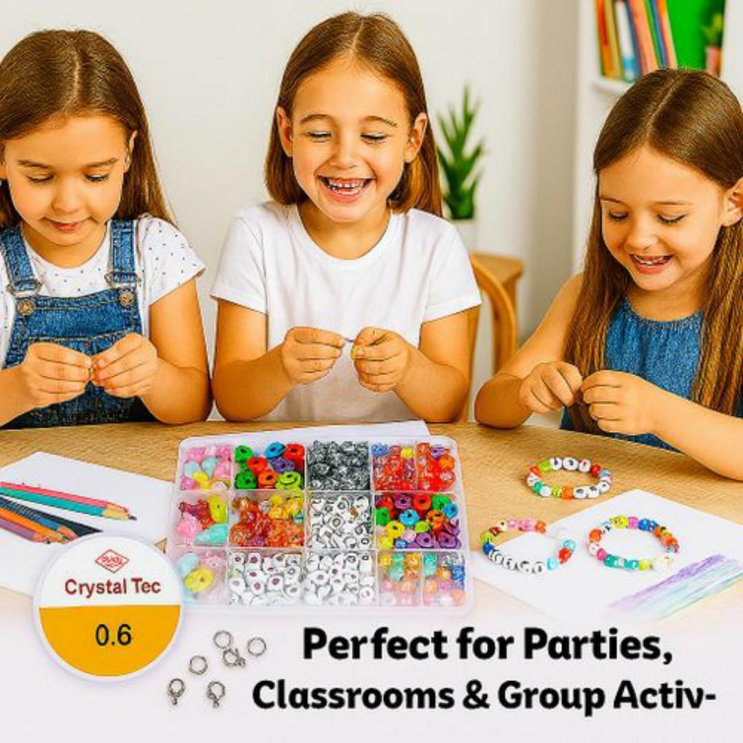 Kids Bead Craft Kit - 720+ Colourful Beads (Hearts, Stars, Smiles, Alphabet) + Crystal Tec Thread, Clasps & Tools - DIY Bracelet Necklace Jewellery Maker for Children & Hobbyists