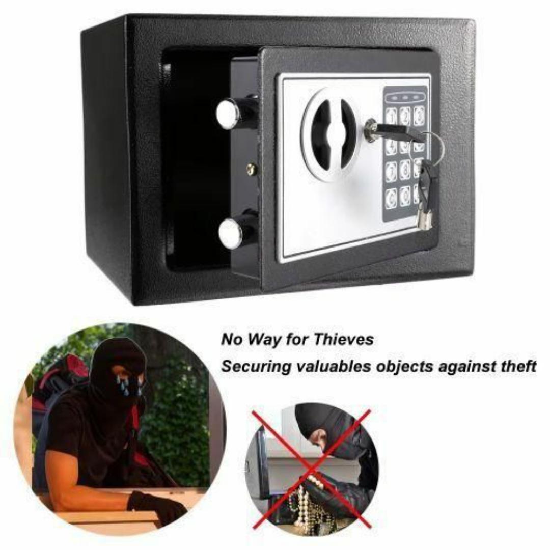 Premium Black Electronic Safe Box – Dual Password Access with Keypad & Key - Anti Theft Security, Wall-Mountable, Tamper-Proof Hinges

- 23cm x 17cm x 17cm