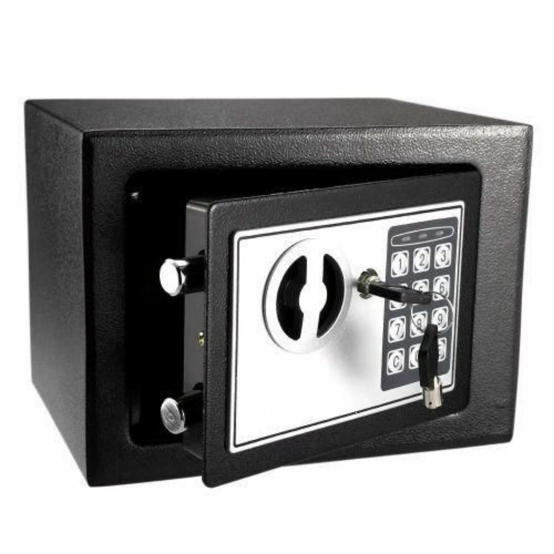 Premium Black Electronic Safe Box – Dual Password Access with Keypad & Key - Anti Theft Security, Wall-Mountable, Tamper-Proof Hinges

- 23cm x 17cm x 17cm