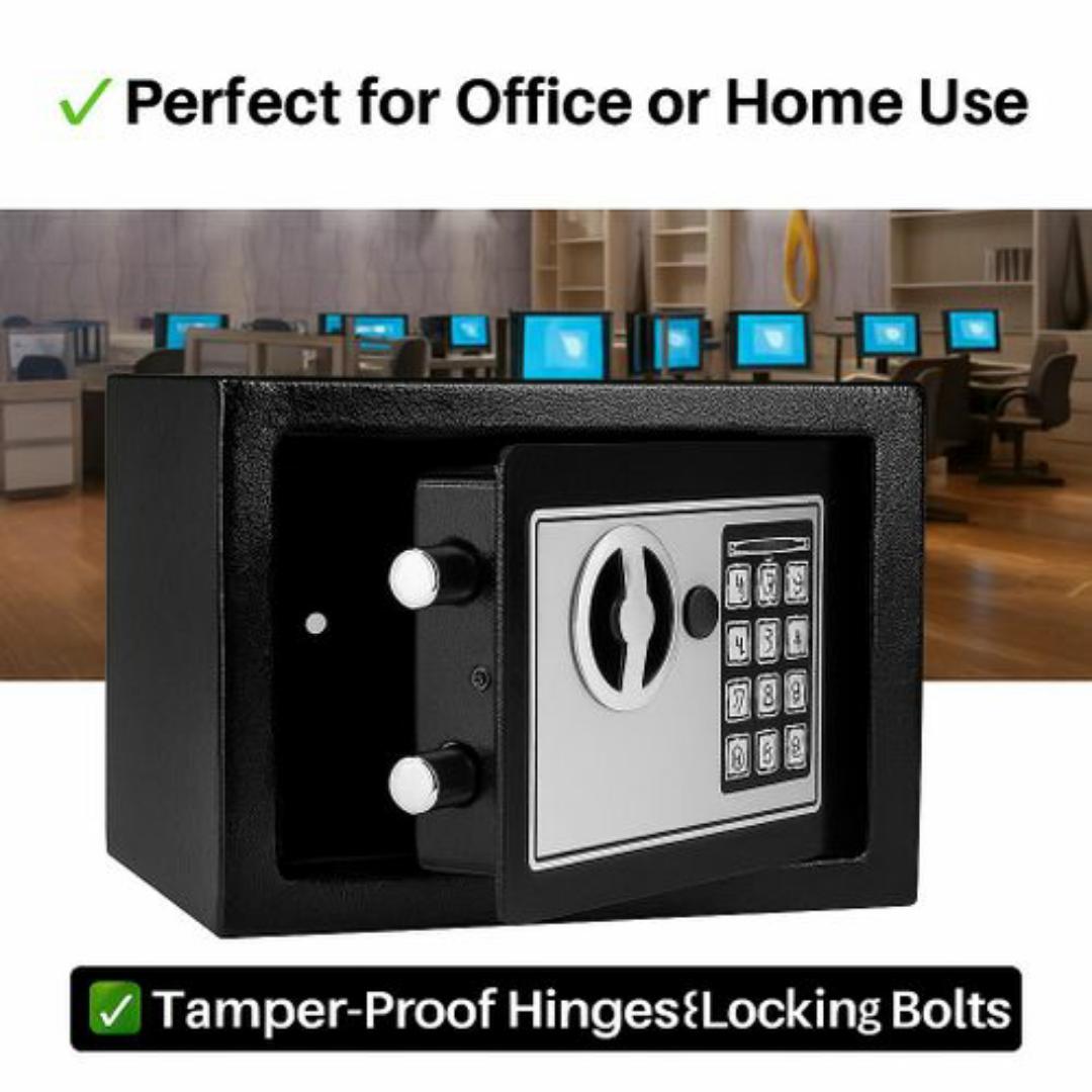 Premium Black Electronic Safe Box – Dual Password Access with Keypad & Key - Anti Theft Security, Wall-Mountable, Tamper-Proof Hinges

- 23cm x 17cm x 17cm