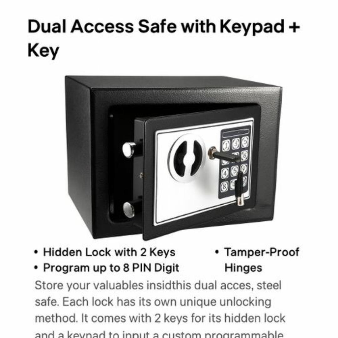 Premium Black Electronic Safe Box – Dual Password Access with Keypad & Key - Anti Theft Security, Wall-Mountable, Tamper-Proof Hinges

- 23cm x 17cm x 17cm