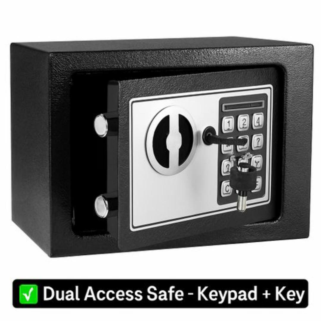 Premium Black Electronic Safe Box – Dual Password Access with Keypad & Key - Anti Theft Security, Wall-Mountable, Tamper-Proof Hinges

- 23cm x 17cm x 17cm