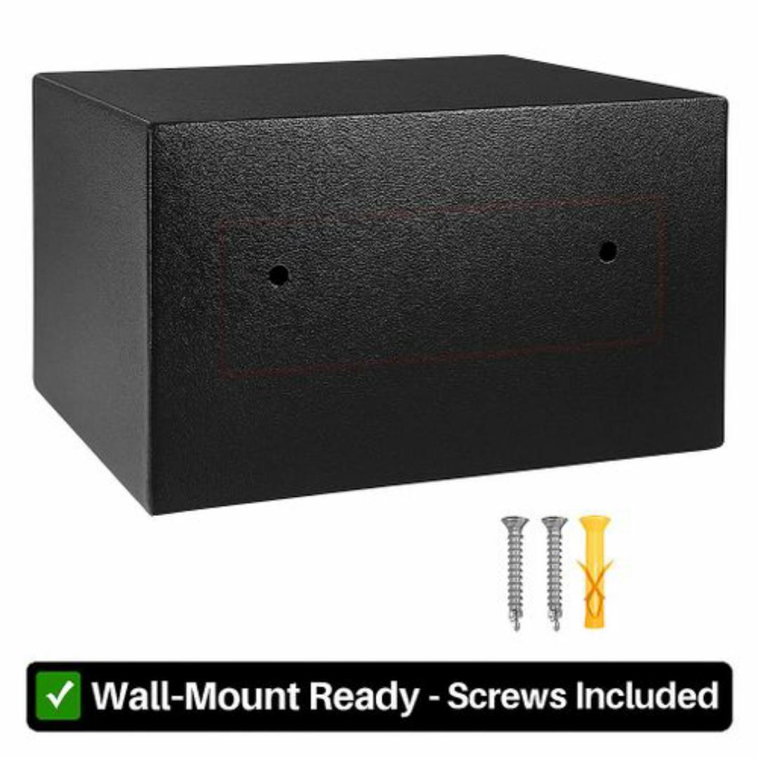 Premium Black Electronic Safe Box – Dual Password Access with Keypad & Key - Anti Theft Security, Wall-Mountable, Tamper-Proof Hinges

- 23cm x 17cm x 17cm