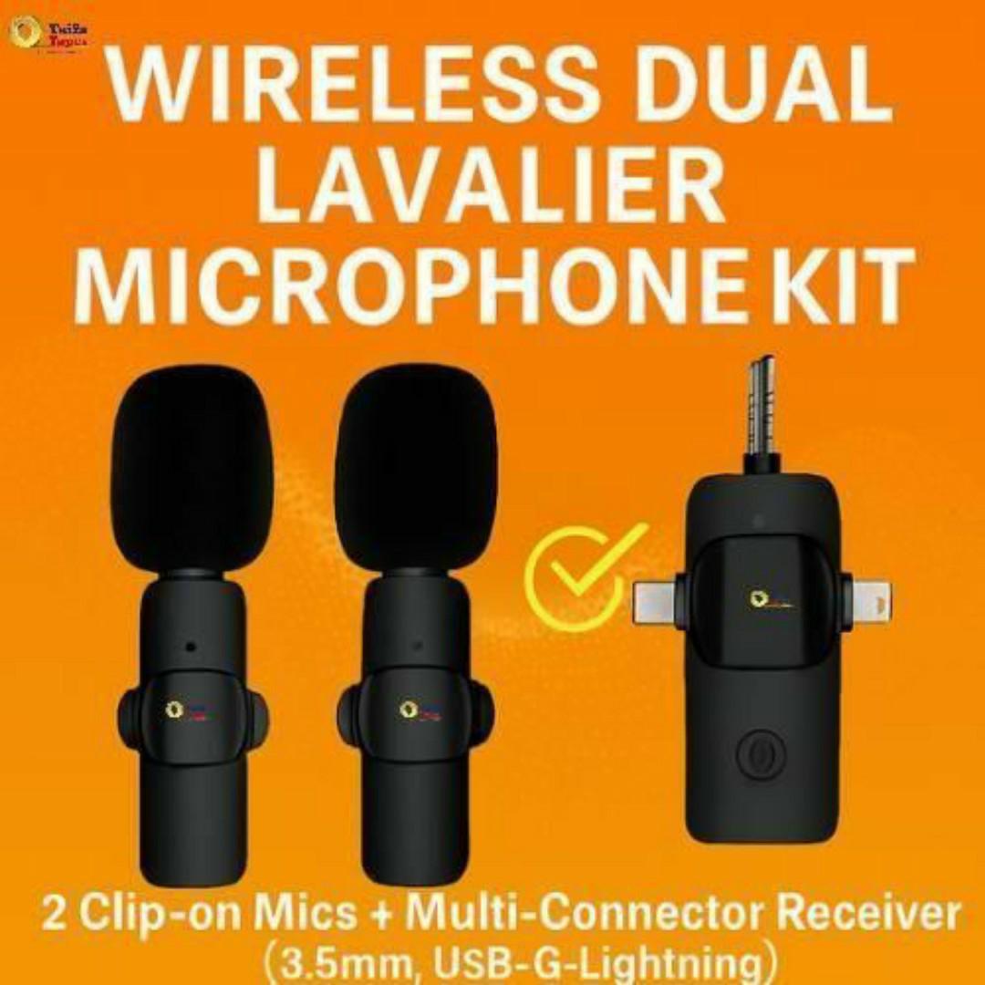 Wireless Dual Lavalier Microphone Kit - 2 Clip on Mics + 3-in-1 Multi-Connector Receiver (3.5mm, USB-C, Lightning) for Smartphone Tablet Vlog YouTube Interviews Live Streaming