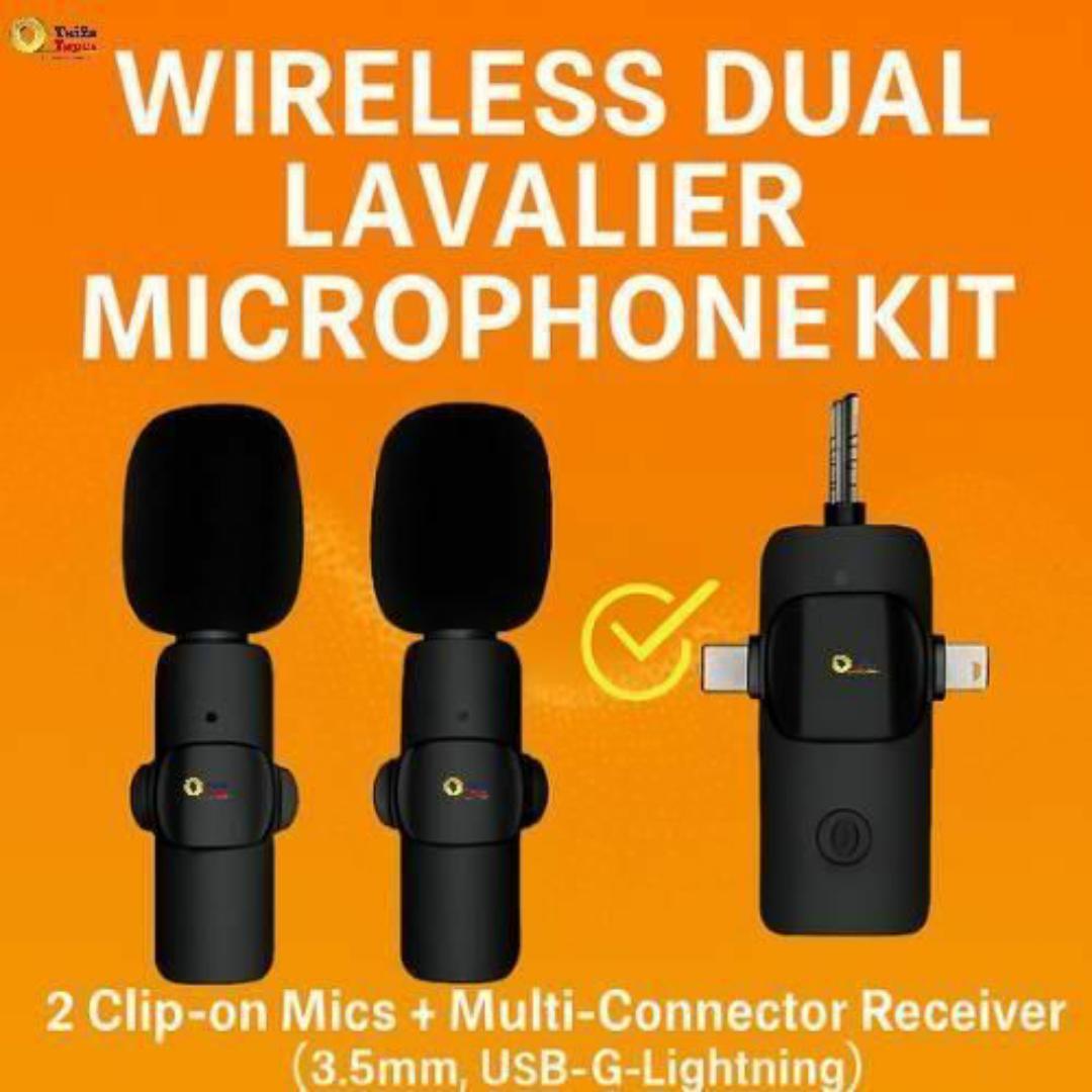 Wireless Dual Lavalier Microphone Kit - 2 Clip on Mics + 3-in-1 Multi-Connector Receiver (3.5mm, USB-C, Lightning) for Smartphone Tablet Vlog YouTube Interviews Live Streaming