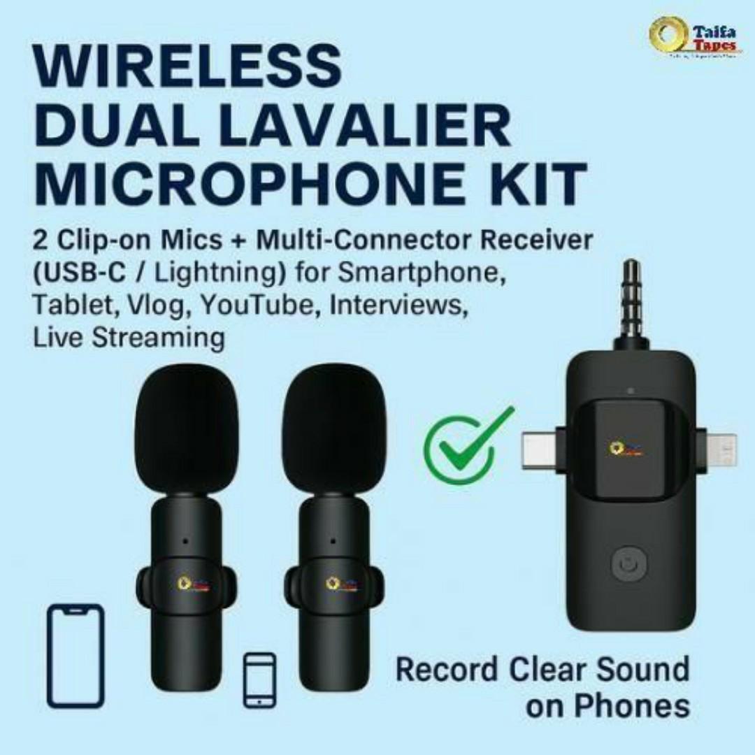 Wireless Dual Lavalier Microphone Kit - 2 Clip on Mics + 3-in-1 Multi-Connector Receiver (3.5mm, USB-C, Lightning) for Smartphone Tablet Vlog YouTube Interviews Live Streaming