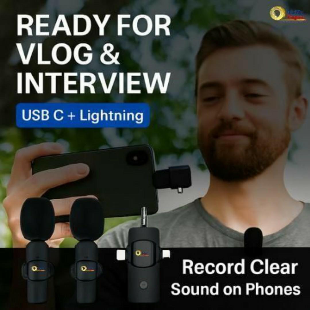 Wireless Dual Lavalier Microphone Kit - 2 Clip on Mics + 3-in-1 Multi-Connector Receiver (3.5mm, USB-C, Lightning) for Smartphone Tablet Vlog YouTube Interviews Live Streaming