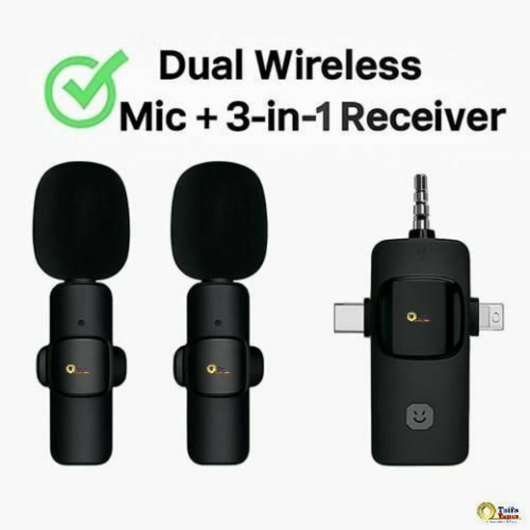 Wireless Dual Lavalier Microphone Kit - 2 Clip on Mics + 3-in-1 Multi-Connector Receiver (3.5mm, USB-C, Lightning) for Smartphone Tablet Vlog YouTube Interviews Live Streaming