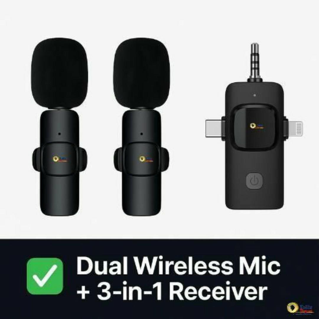Wireless Dual Lavalier Microphone Kit - 2 Clip on Mics + 3-in-1 Multi-Connector Receiver (3.5mm, USB-C, Lightning) for Smartphone Tablet Vlog YouTube Interviews Live Streaming