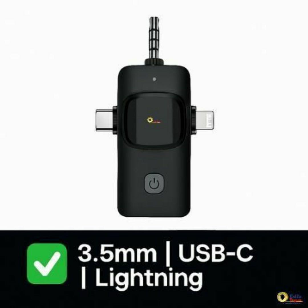 Wireless Dual Lavalier Microphone Kit - 2 Clip on Mics + 3-in-1 Multi-Connector Receiver (3.5mm, USB-C, Lightning) for Smartphone Tablet Vlog YouTube Interviews Live Streaming