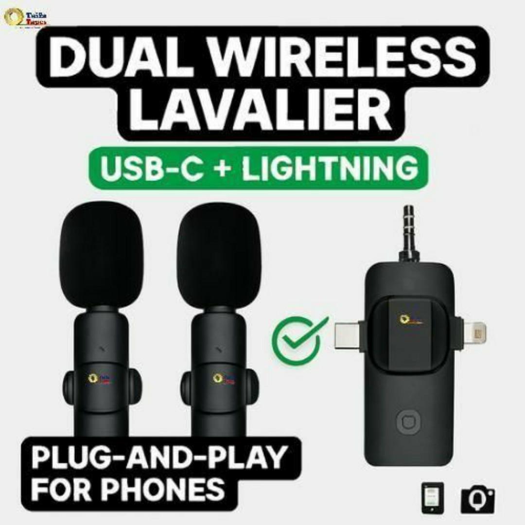 Wireless Dual Lavalier Microphone Kit - 2 Clip on Mics + 3-in-1 Multi-Connector Receiver (3.5mm, USB-C, Lightning) for Smartphone Tablet Vlog YouTube Interviews Live Streaming