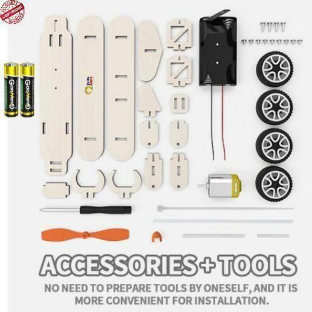 DIY Wooden Propeller Car Kit – STEM Educational Toy with Free Batteries - Kids Science Project & Gift Toys Idea