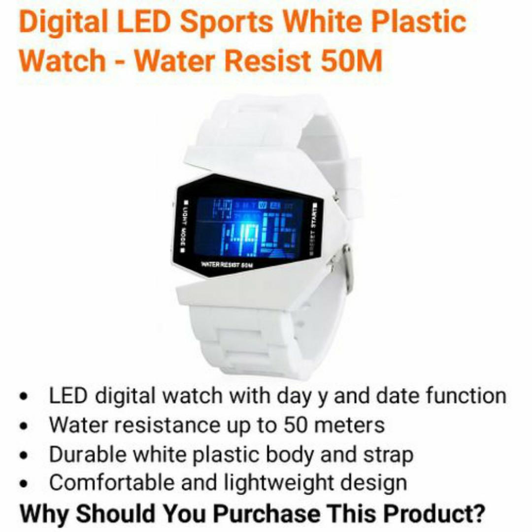 Futuristic Digital Wristwatch – White Strap, Water Resistant 50M, LED Display, Weekday Tracker - Watch for Men / Ladies